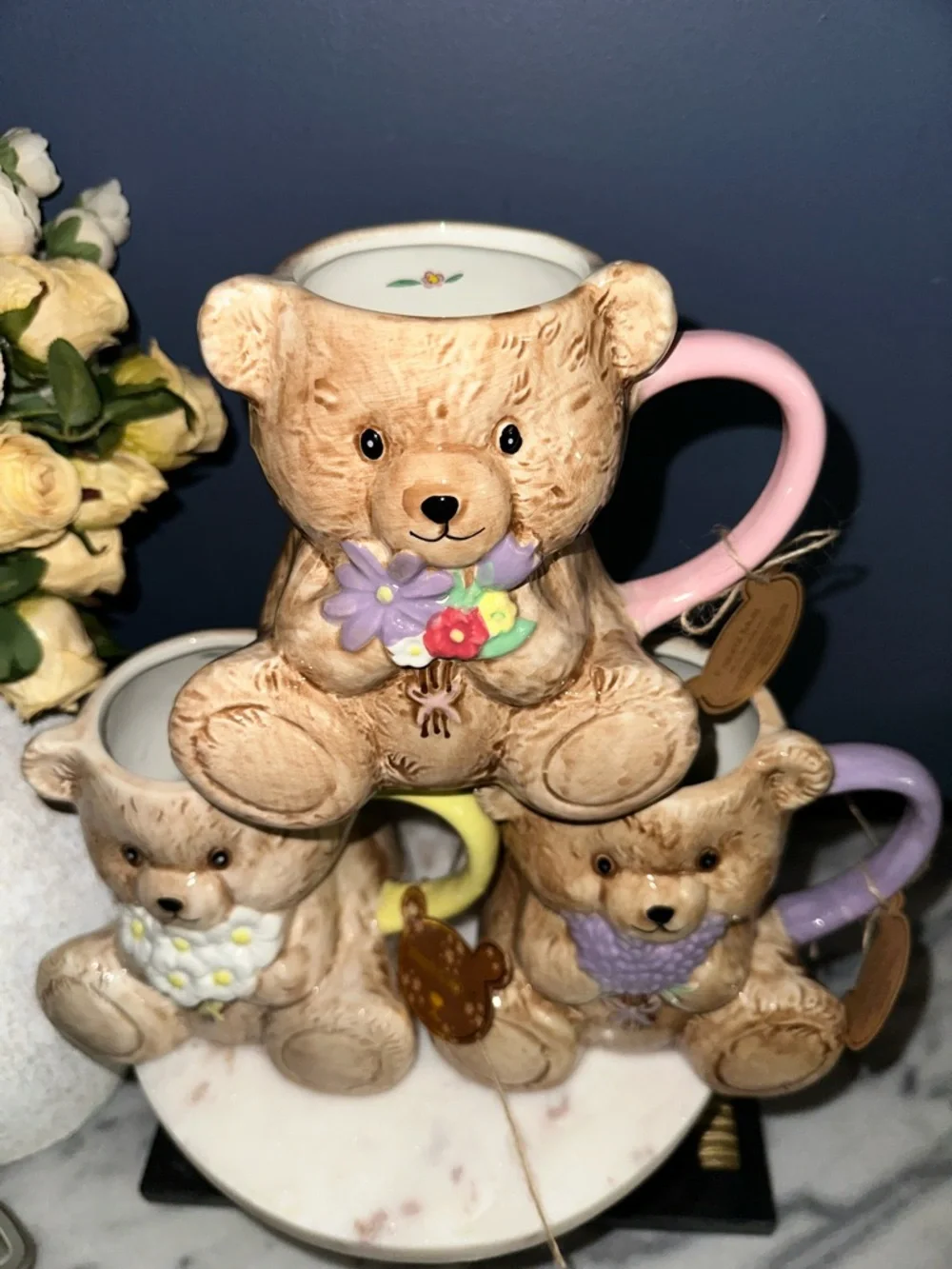Ceramic Teddy Bear Mug Set - Pastel Handle Floral Accents - Picture 2 of 3